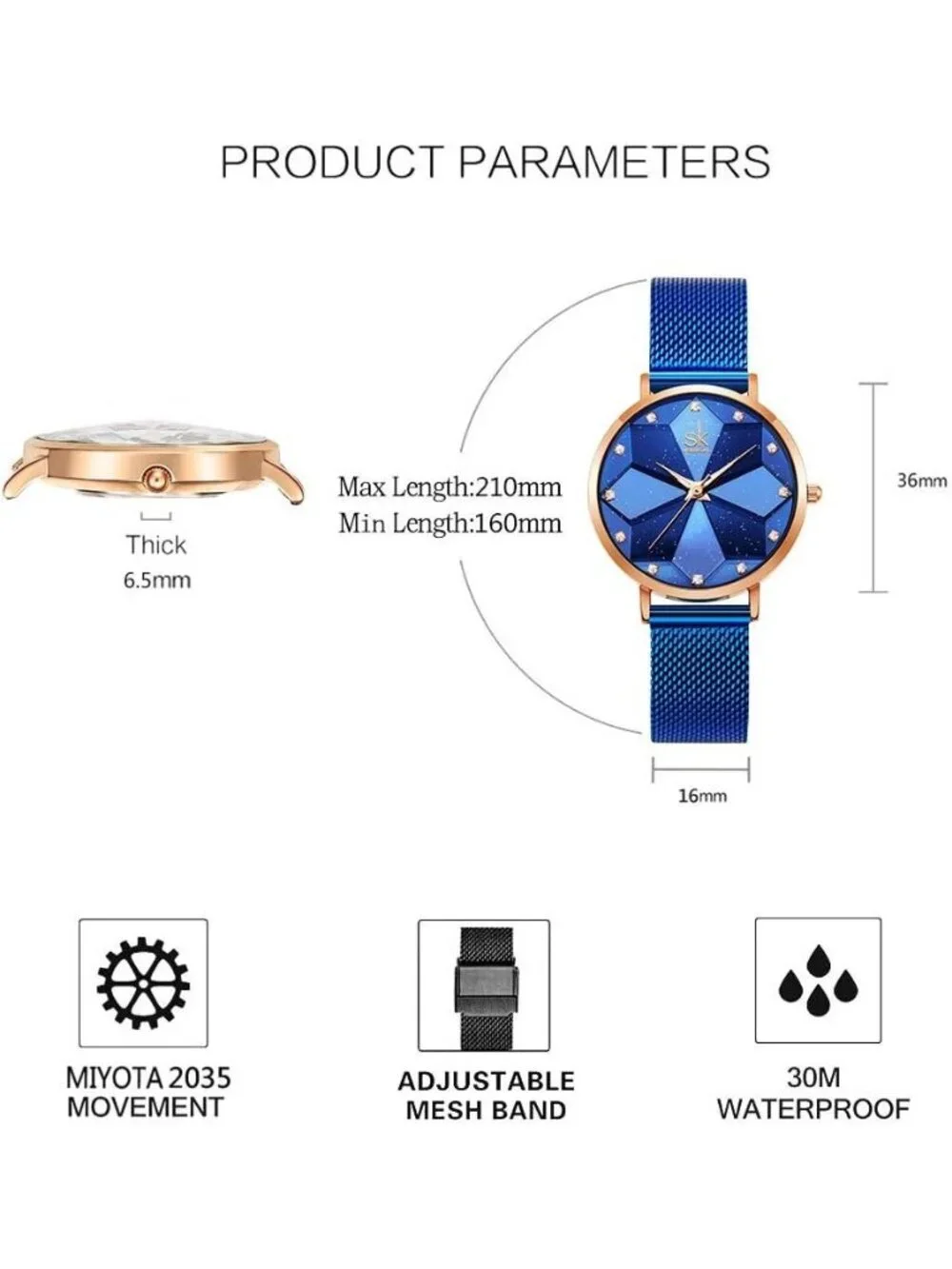 Women's Blue Minimalist Creative Starry Sky Stainless Steel Mesh Band Wristwatch